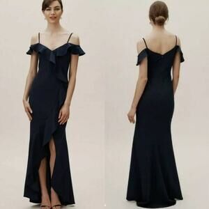 BHLDN NWT Anthropologie Lafayette Navy Blue Ruffle High Low Gown Maxi Dress 10